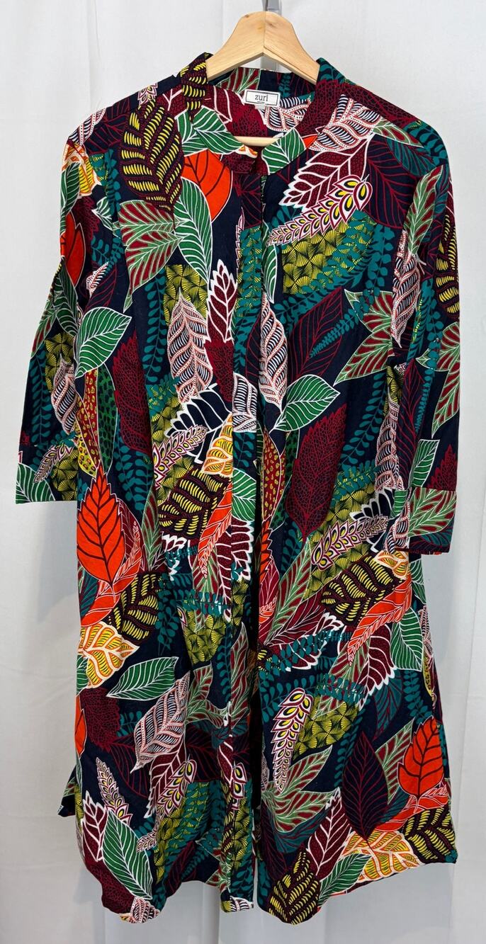 ZURI Kenya Nightingale Midi Swing Dress Leaf Print Cotton Multicolor XL